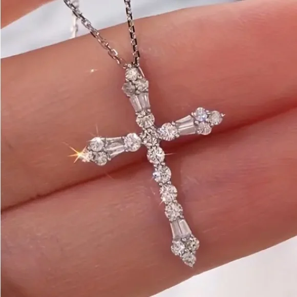 Solitaire & Baguette Diamond Cross Necklace - Picture 1 of 3
